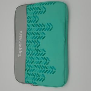 Tupperware Teal Green Chevron Padded Tablet Sleeve Tech Case Grey Trim Zip Top